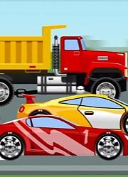 道路上的红色小汽车挖掘机和卡车卡通